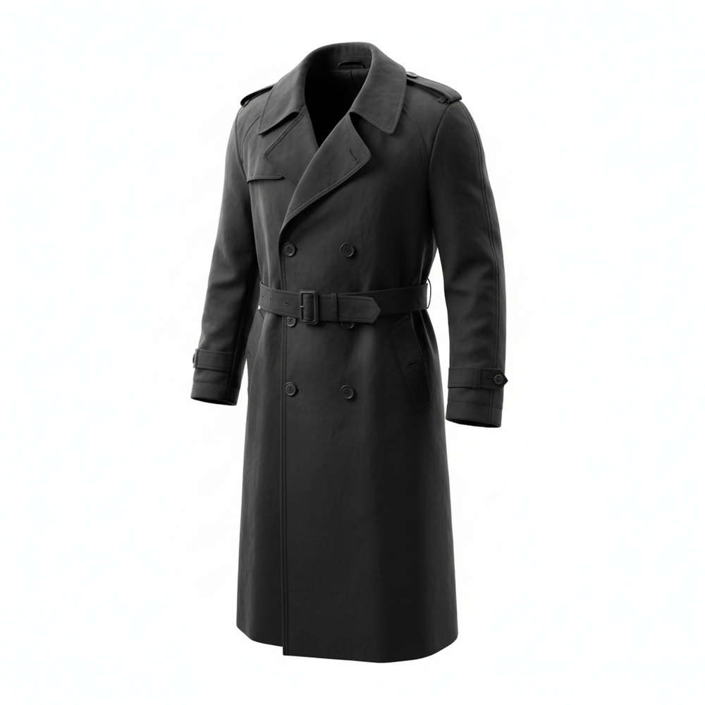 Elegant Black Double Breasted Zipper Lining Belted Trench Coat for Men Sz 42R